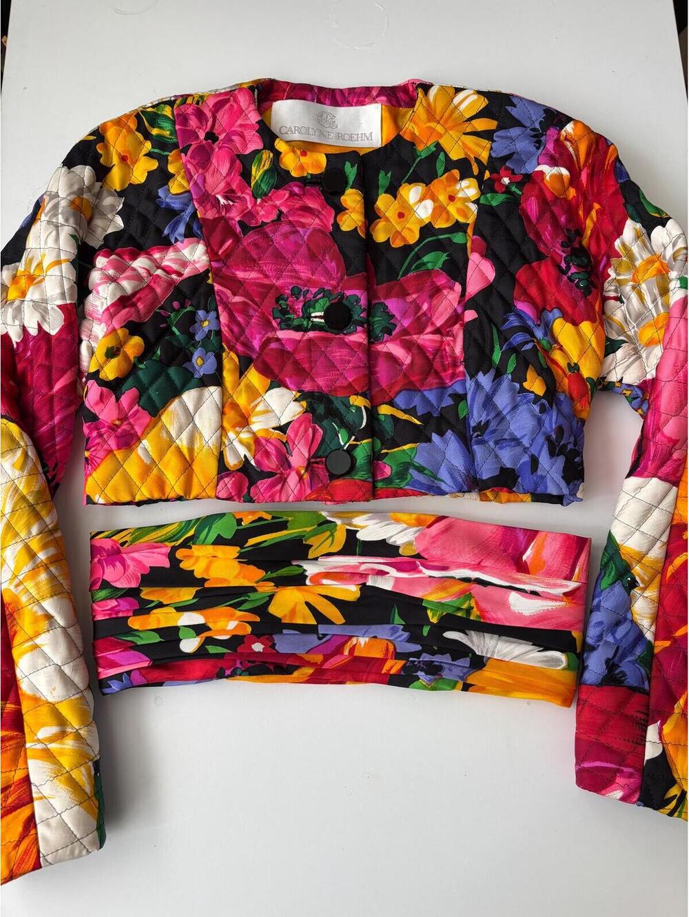 Vintage 1980s Carolyn Roehm Quilted Silk Floral Cropped Jacket & Cummerbund Sash
